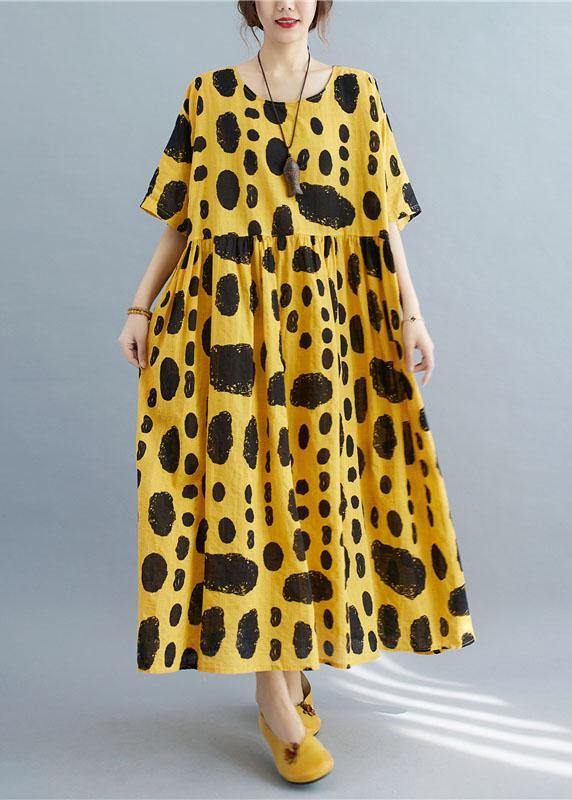 Style Yellow Loose O-Neck Print Summer Cotton Dress Half Sleeve - Image 3