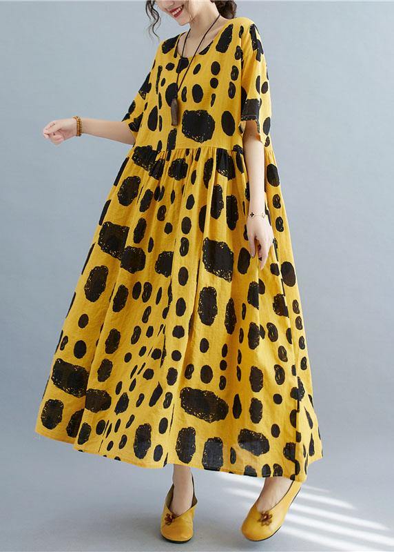 Style Yellow Loose O-Neck Print Summer Cotton Dress Half Sleeve - Image 4