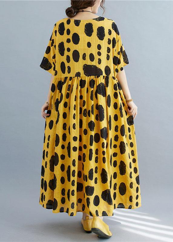 Style Yellow Loose O-Neck Print Summer Cotton Dress Half Sleeve - Image 5