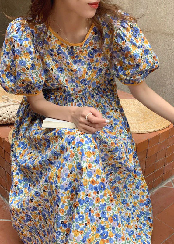 Style Yellow O Neck Wrinkled Print Cotton Dresses Summer - Image 2