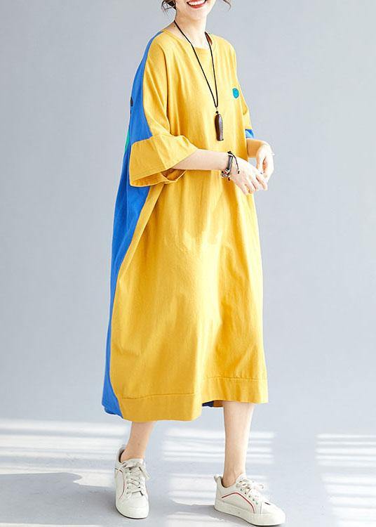 Style Yellow Patchwork Blue Summer Holiday Dress Half Sleeve - Image 3