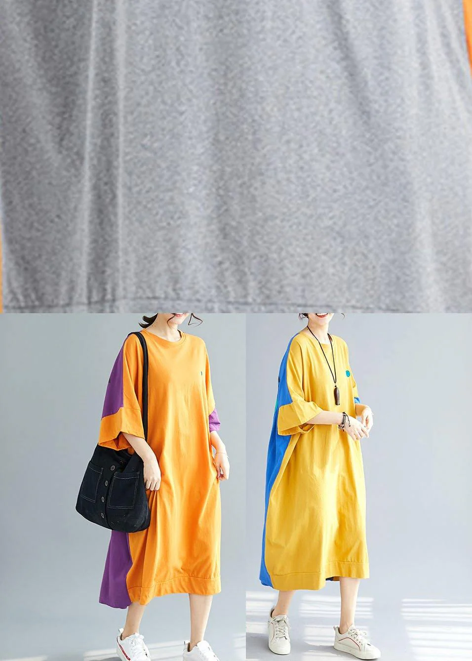 Style Yellow Patchwork Blue Summer Holiday Dress Half Sleeve - Image 5
