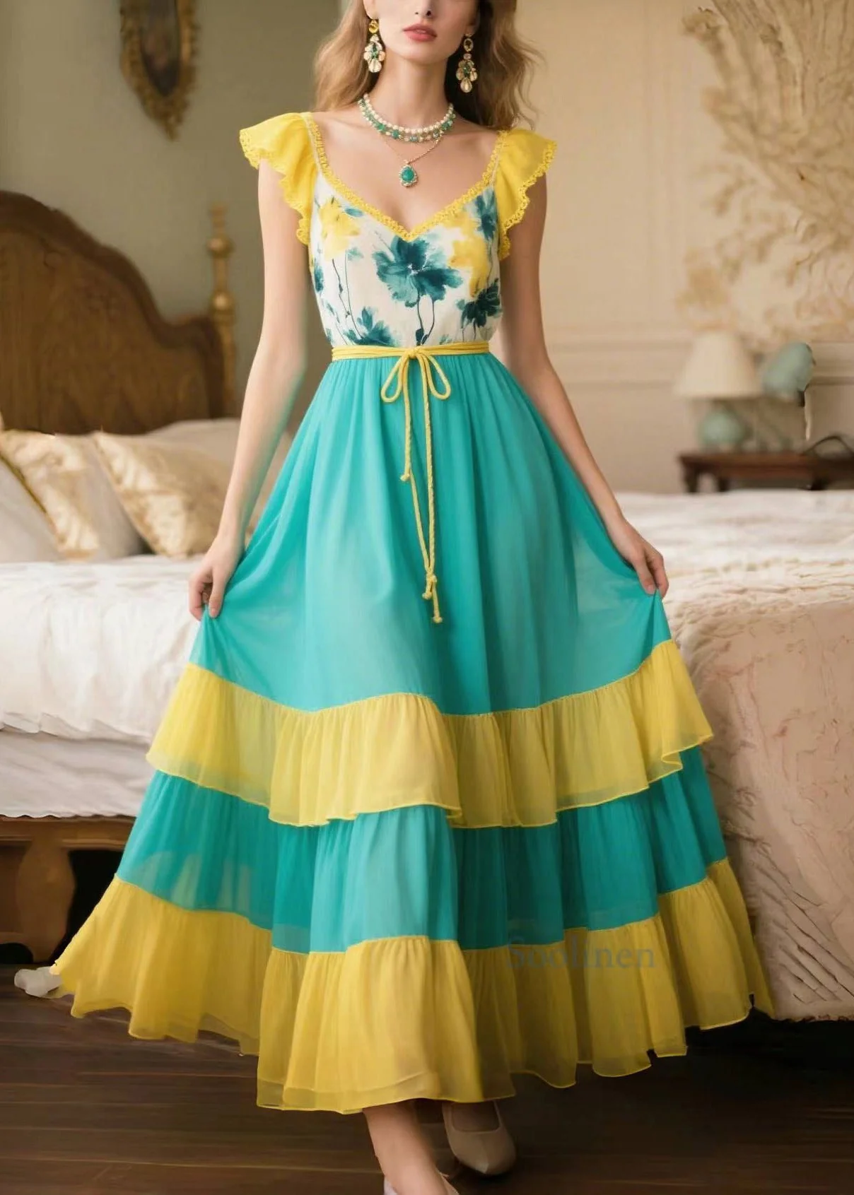 Style Yellow Patchwork Exra Large Hem Chiffon Vestidos Dress Summer - Image 3