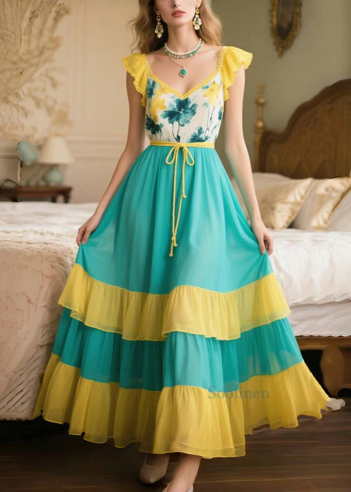 Style Yellow Patchwork Exra Large Hem Chiffon Vestidos Dress Summer - Image 5