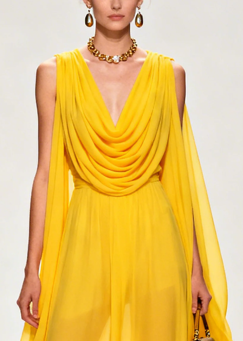 Style Yellow Turtle Neck Exra Large Hem Flower Chiffon Dresses Sleeveless - Image 2