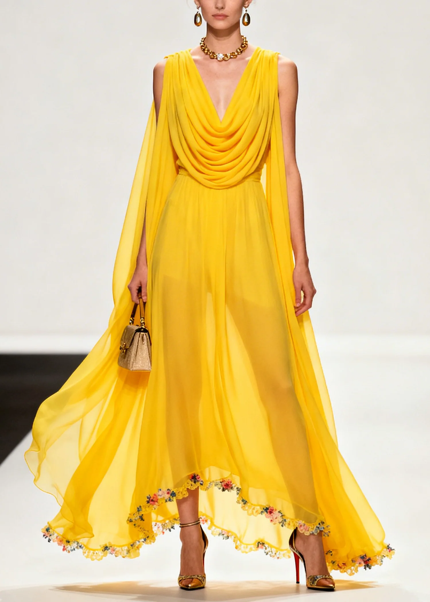 Style Yellow Turtle Neck Exra Large Hem Flower Chiffon Dresses Sleeveless - Image 3