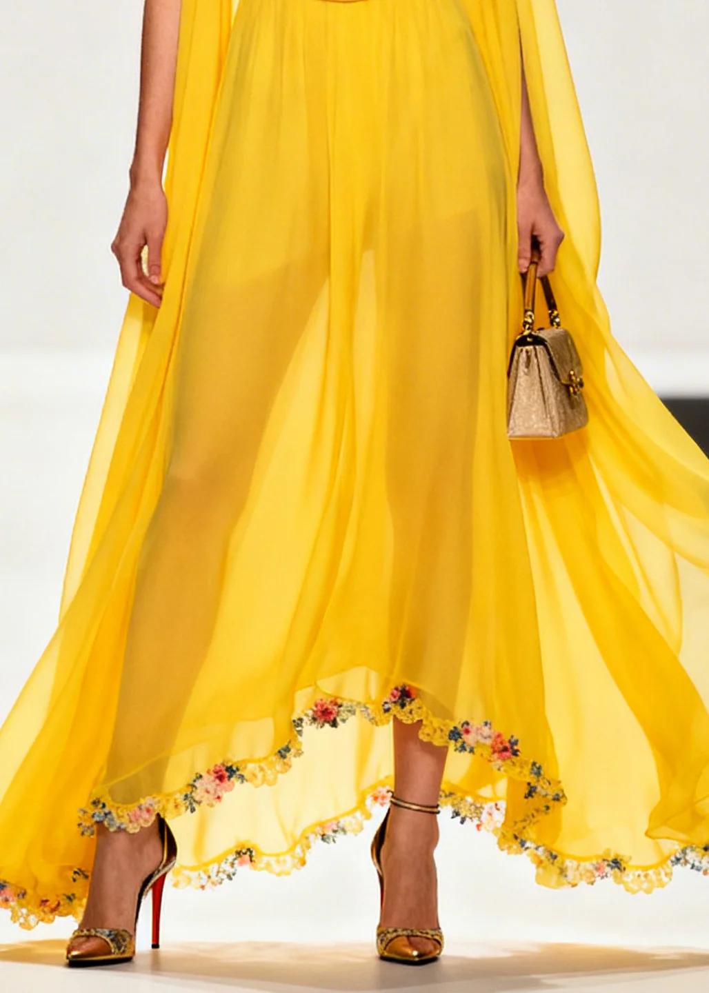 Style Yellow Turtle Neck Exra Large Hem Flower Chiffon Dresses Sleeveless - Image 4