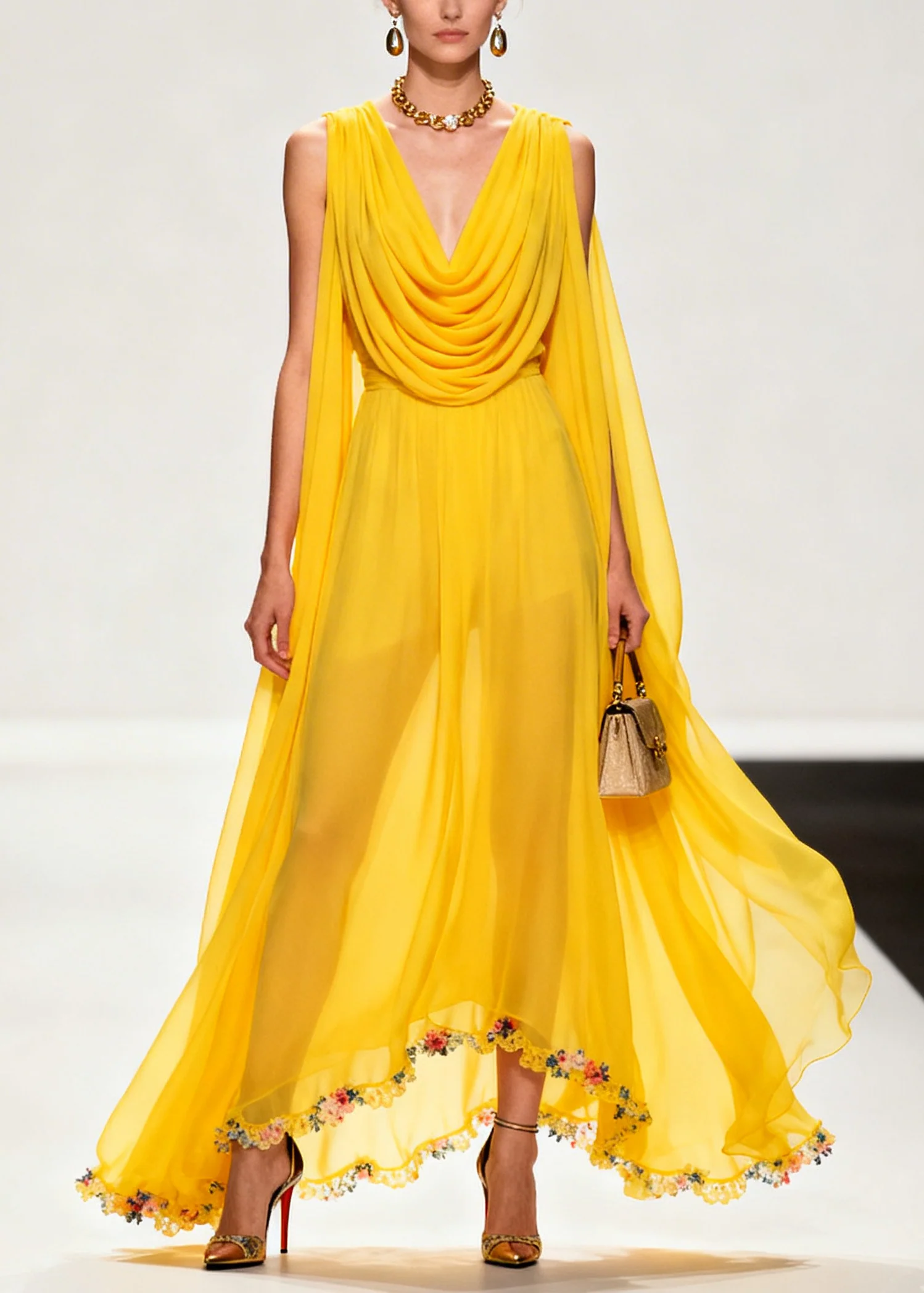 Style Yellow Turtle Neck Exra Large Hem Flower Chiffon Dresses Sleeveless - Image 5