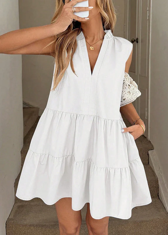 Style Yellow V Neck Oversized Cotton Holiday Dresses Sleeveless - Image 3