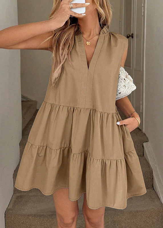 Style Yellow V Neck Oversized Cotton Holiday Dresses Sleeveless - Image 4