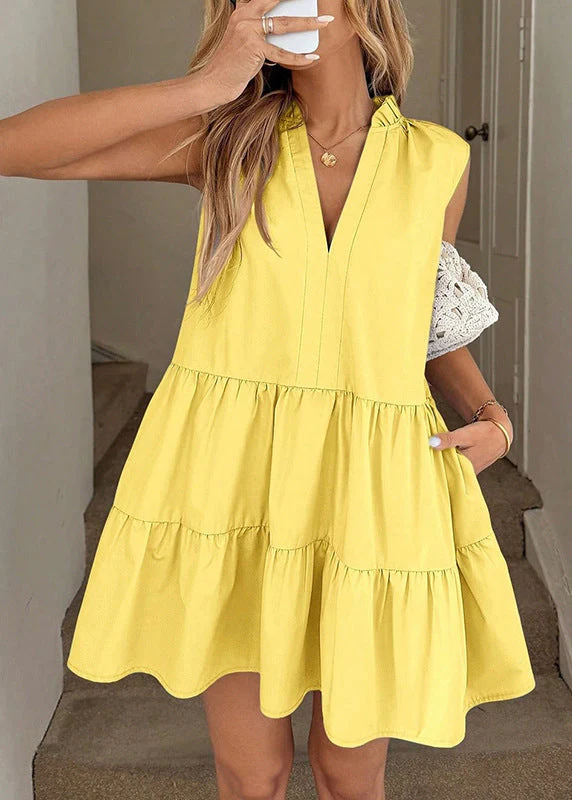 Style Yellow V Neck Oversized Cotton Holiday Dresses Sleeveless - Image 5
