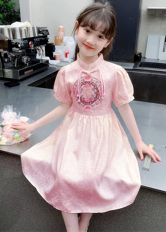 Stylish Apricot Embroideried Patchwork Button Girls Long Dress Summer - Image 2