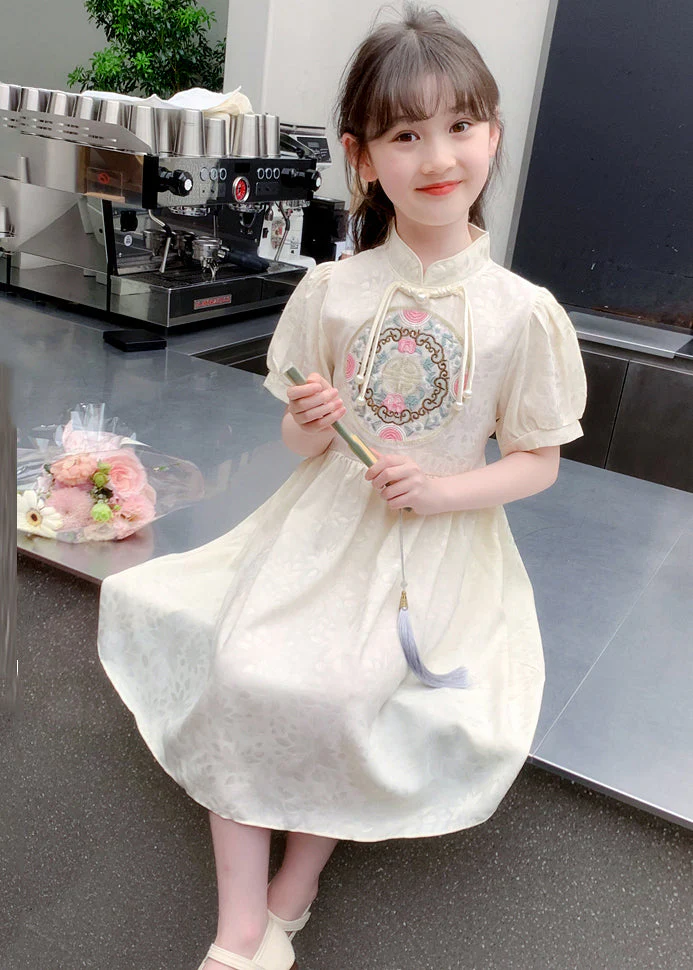 Stylish Apricot Embroideried Patchwork Button Girls Long Dress Summer - Image 3