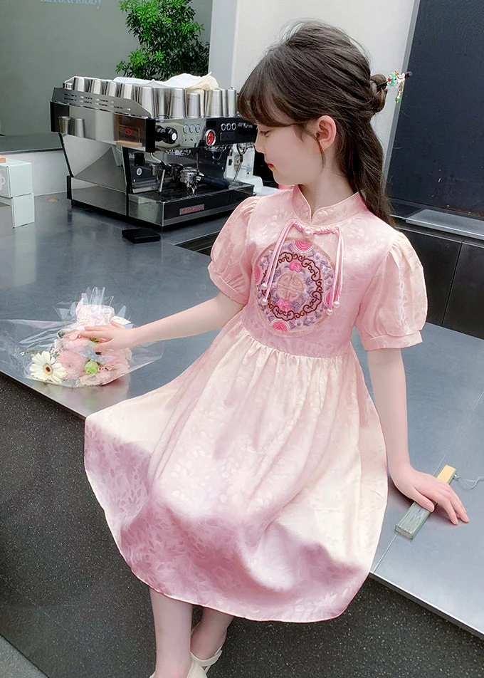 Stylish Apricot Embroideried Patchwork Button Girls Long Dress Summer - Image 4