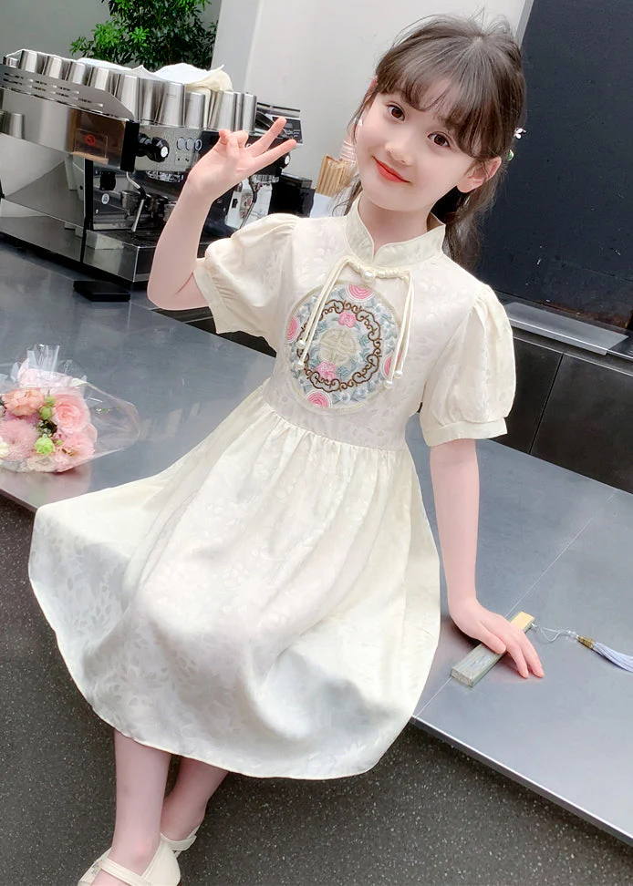 Stylish Apricot Embroideried Patchwork Button Girls Long Dress Summer - Image 5