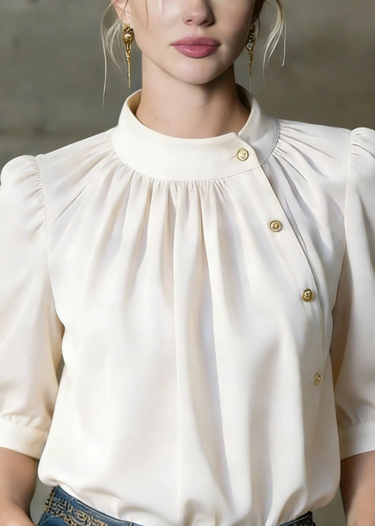 Stylish Apricot O-Neck Button Silk Shirts Summer - Image 2