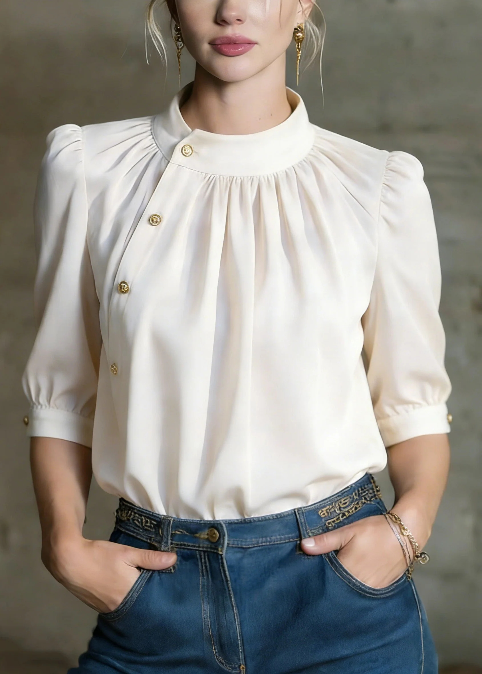 Stylish Apricot O-Neck Button Silk Shirts Summer - Image 3