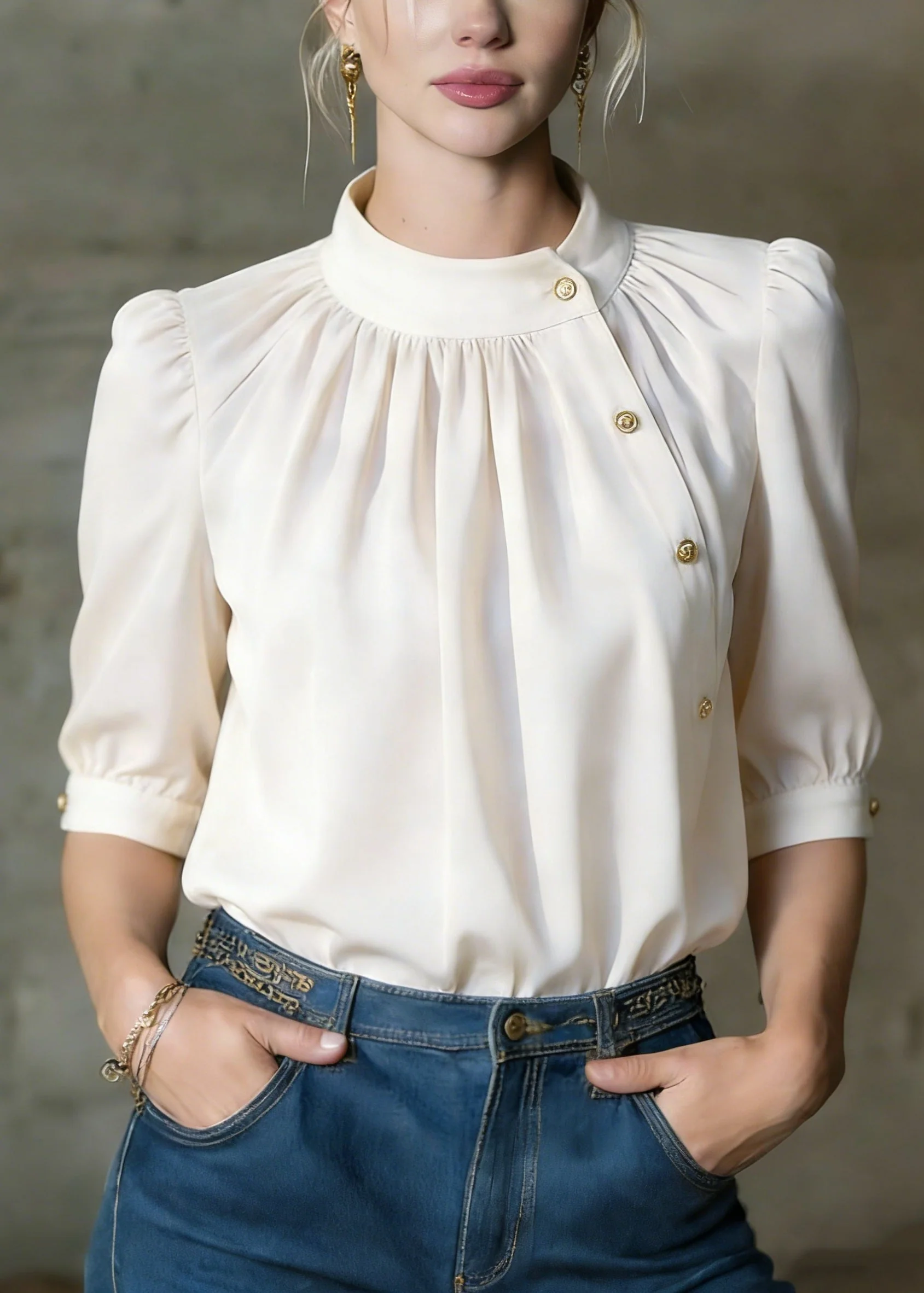 Stylish Apricot O-Neck Button Silk Shirts Summer - Image 5