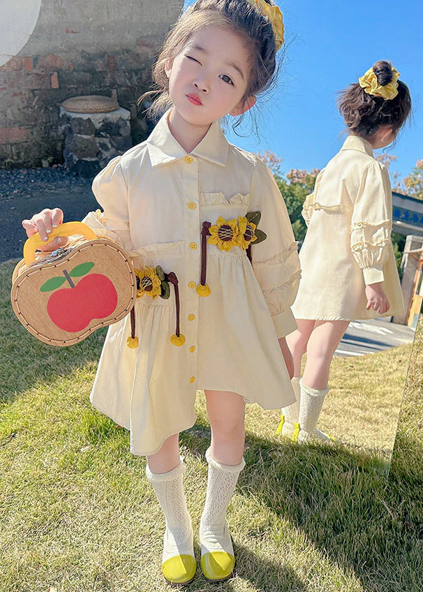 Stylish Apricot Peter Pan Collar Asymmetrical Wrinkled Floral Kids Long Shirts Dress Fall - Image 2
