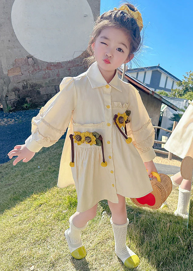 Stylish Apricot Peter Pan Collar Asymmetrical Wrinkled Floral Kids Long Shirts Dress Fall - Image 3