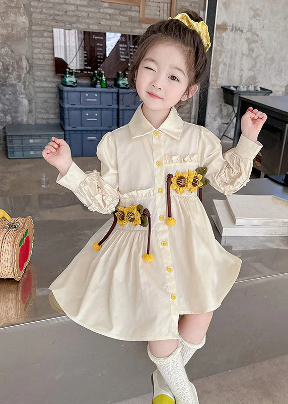Stylish Apricot Peter Pan Collar Asymmetrical Wrinkled Floral Kids Long Shirts Dress Fall - Image 4