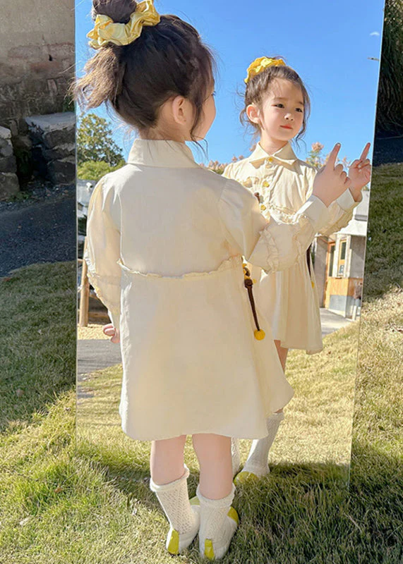 Stylish Apricot Peter Pan Collar Asymmetrical Wrinkled Floral Kids Long Shirts Dress Fall - Image 5