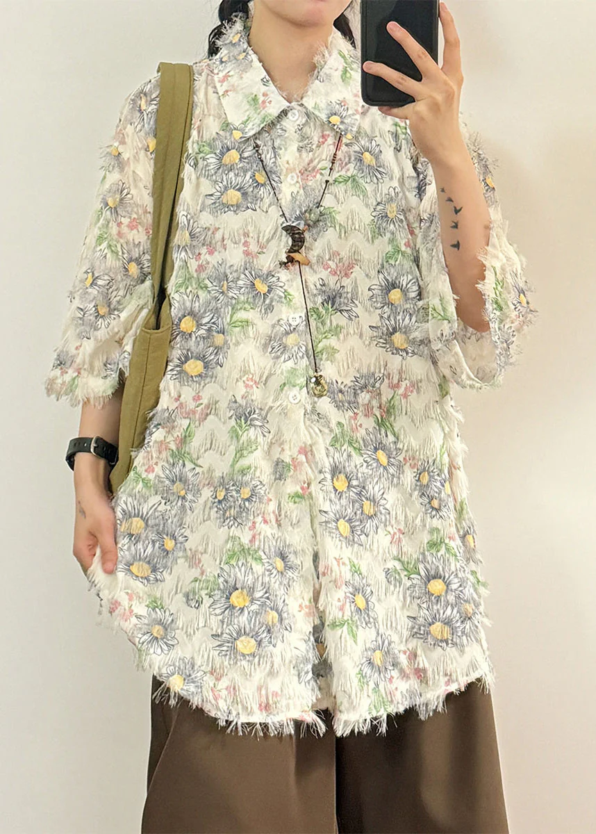 Stylish Apricot Peter Pan Collar Sunflower Cotton Shirt Tops Summer - Image 3