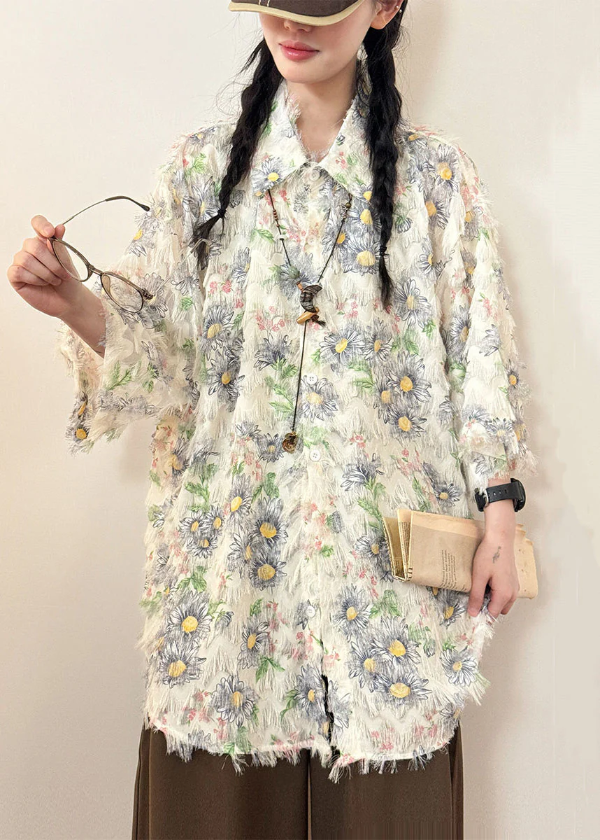Stylish Apricot Peter Pan Collar Sunflower Cotton Shirt Tops Summer - Image 4