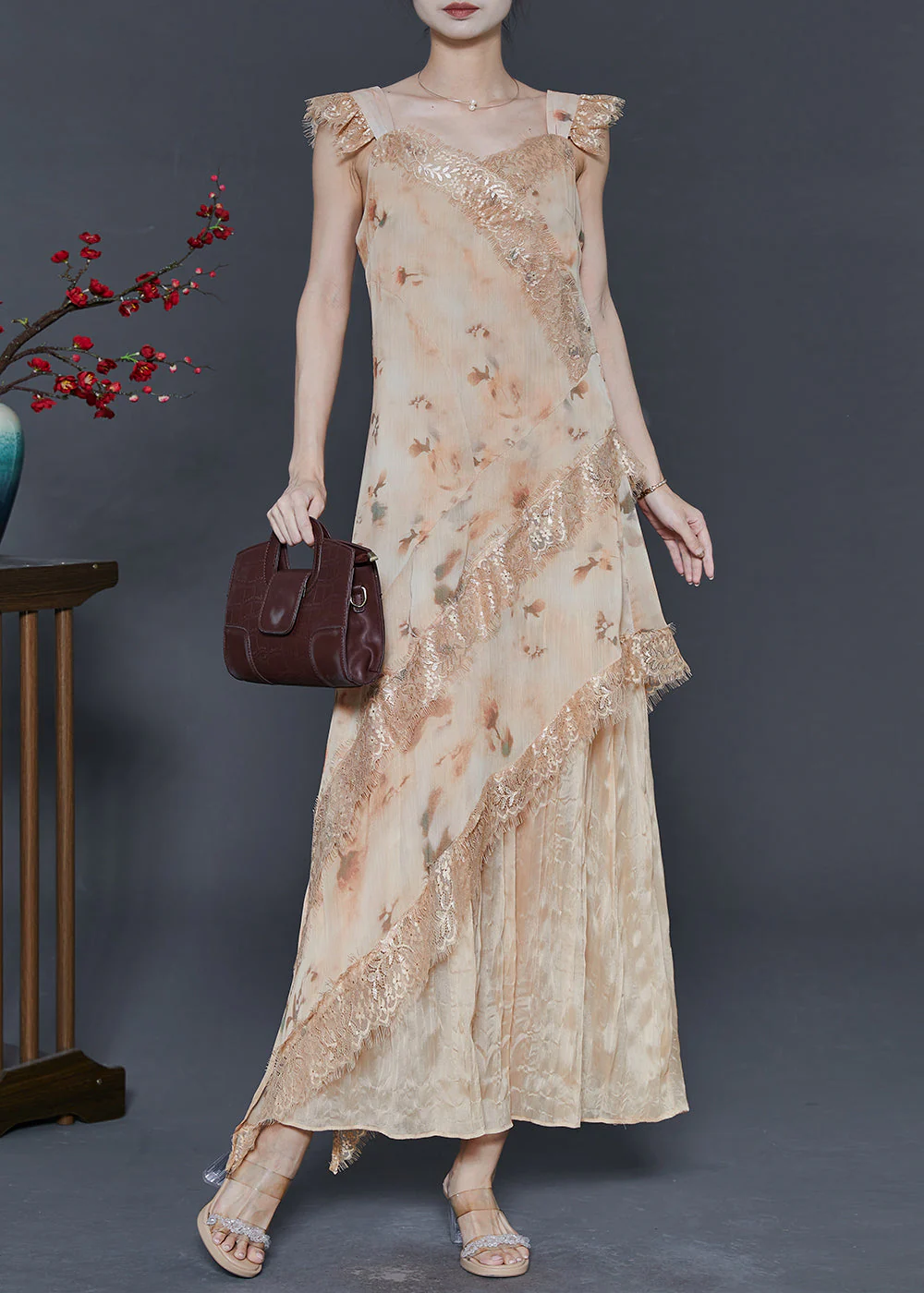 Stylish Apricot Print Patchwork Lace Holiday Dress Summer - Image 2