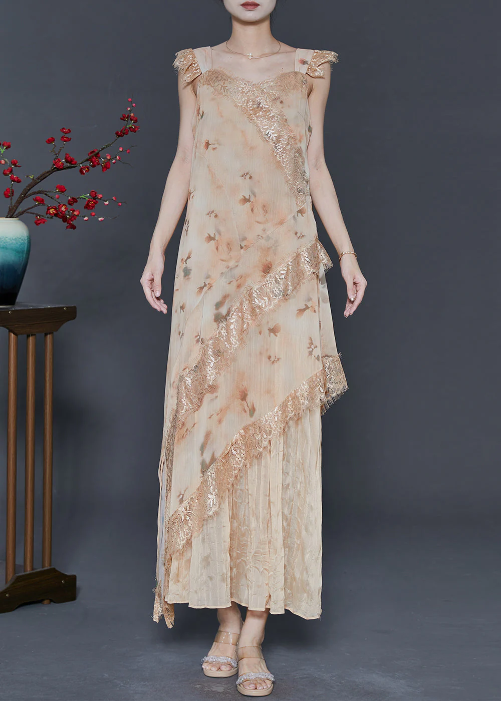 Stylish Apricot Print Patchwork Lace Holiday Dress Summer - Image 3