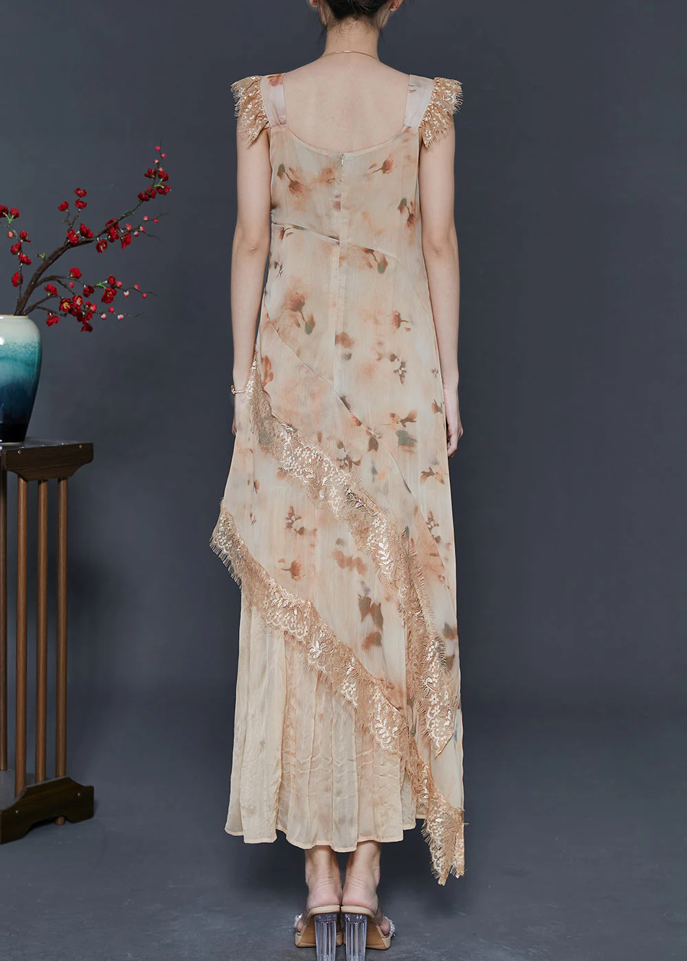 Stylish Apricot Print Patchwork Lace Holiday Dress Summer - Image 4
