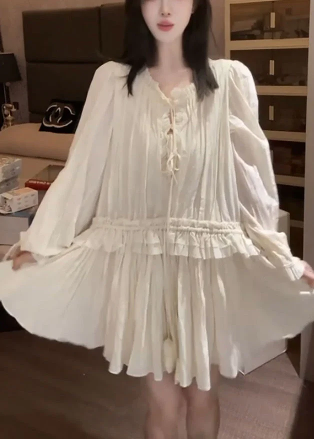 Stylish Apricot Ruffled Lace Up Solid Chiffon Mini Dress Fall - Image 3