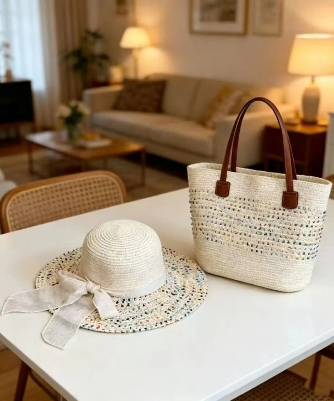 Stylish Apricot Tie Dye Solid Durable Straw Woven Floppy Sun Hat And Shoulder Handbag Two Pieces Set - Image 3