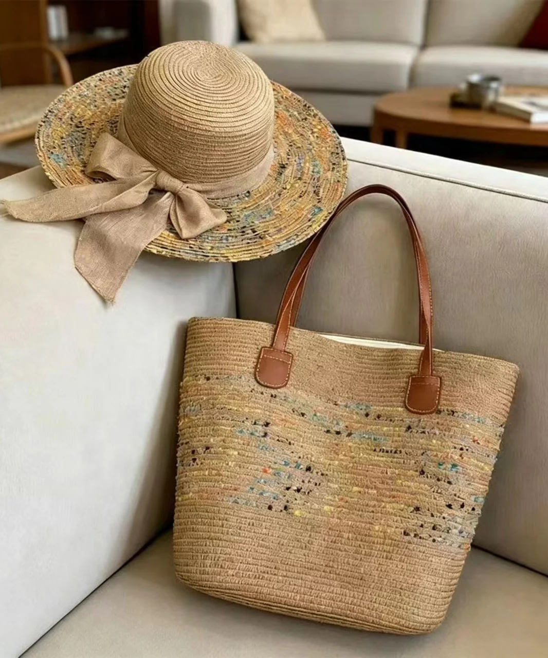 Stylish Apricot Tie Dye Solid Durable Straw Woven Floppy Sun Hat And Shoulder Handbag Two Pieces Set - Image 4