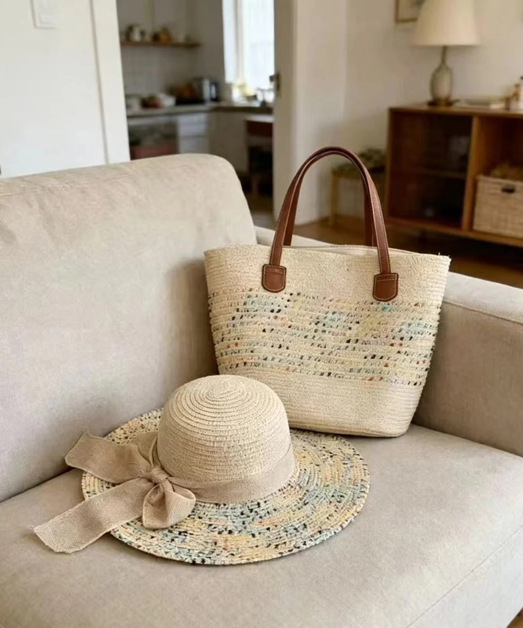 Stylish Apricot Tie Dye Solid Durable Straw Woven Floppy Sun Hat And Shoulder Handbag Two Pieces Set - Image 5