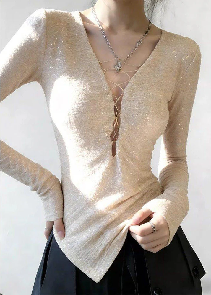 Stylish Apricot V Neck Sequins T Shirts Spring - Image 2