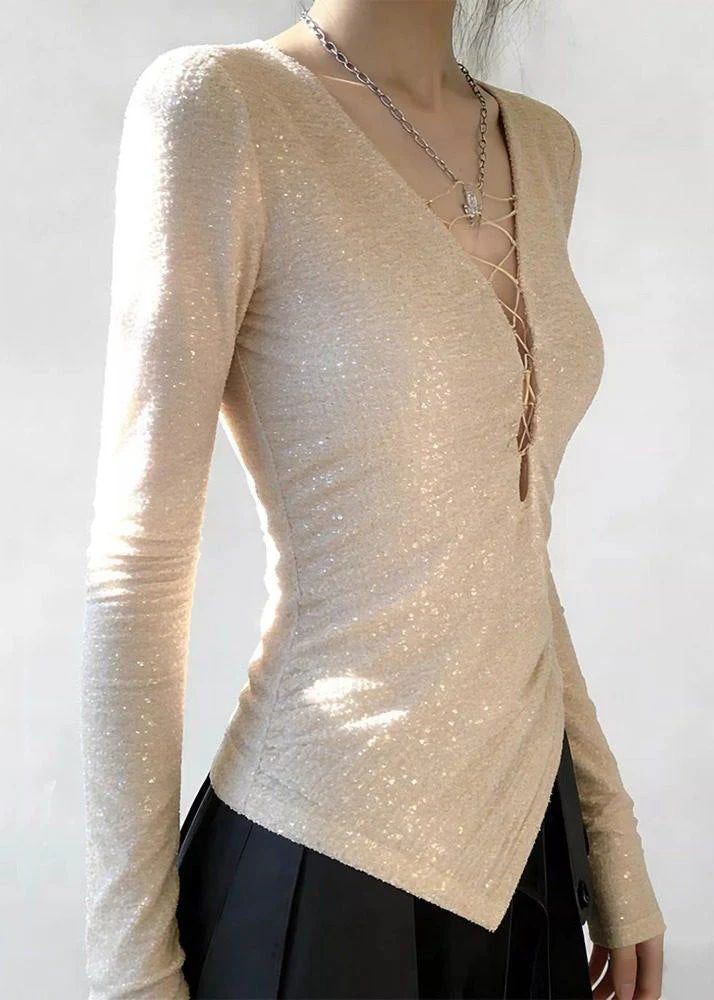 Stylish Apricot V Neck Sequins T Shirts Spring - Image 3