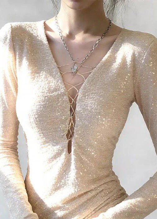 Stylish Apricot V Neck Sequins T Shirts Spring - Image 4