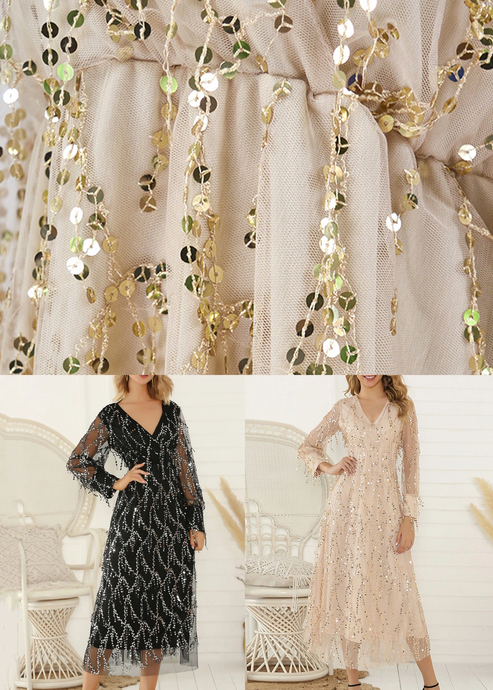 Stylish Apricot V Neck Sequins Tulle Long Dresses Spring - Image 5