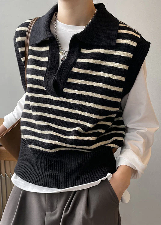 Stylish Apricot V Neck Striped Knit Vest Tops Sleeveless - Image 2