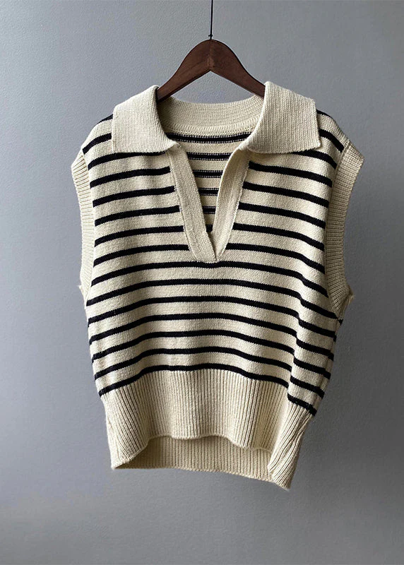 Stylish Apricot V Neck Striped Knit Vest Tops Sleeveless - Image 3