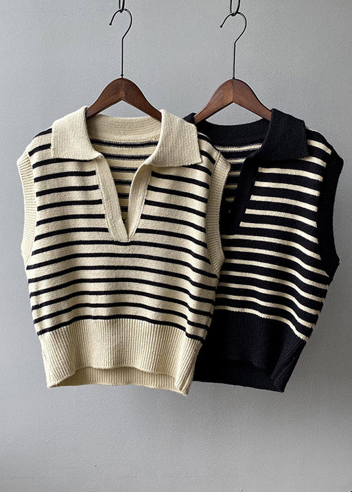 Stylish Apricot V Neck Striped Knit Vest Tops Sleeveless - Image 5