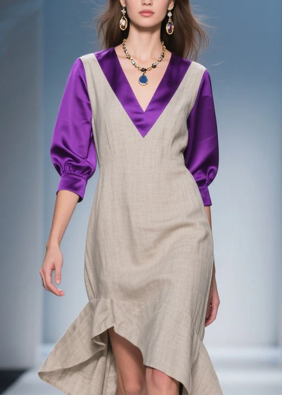 Stylish Asymmetrical Design Patchwork Linen Silk Dress Summer - Image 2