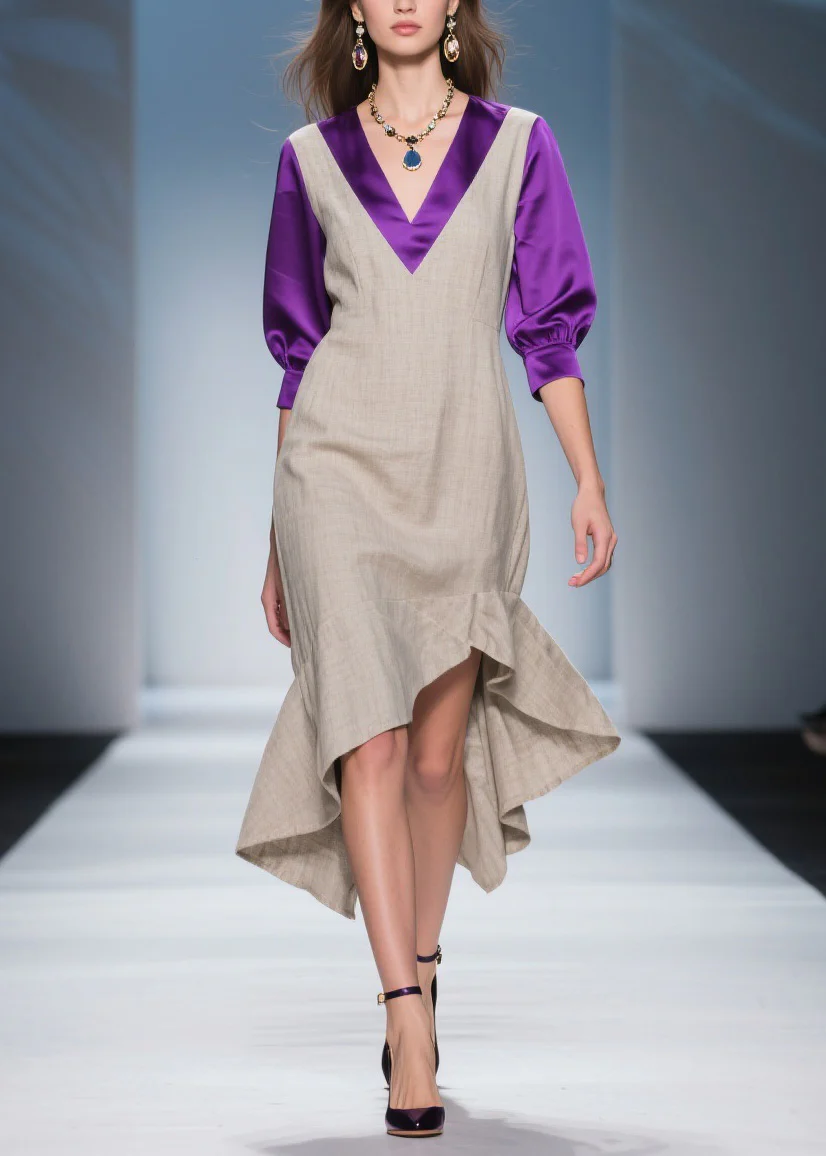 Stylish Asymmetrical Design Patchwork Linen Silk Dress Summer - Image 3