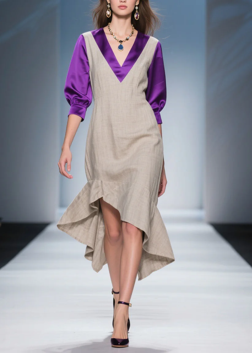 Stylish Asymmetrical Design Patchwork Linen Silk Dress Summer - Image 5