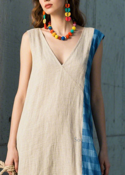 Stylish Beige Asymmetrical Patchwork Plaid Linen Straight Dresses Sleeveless - Image 2