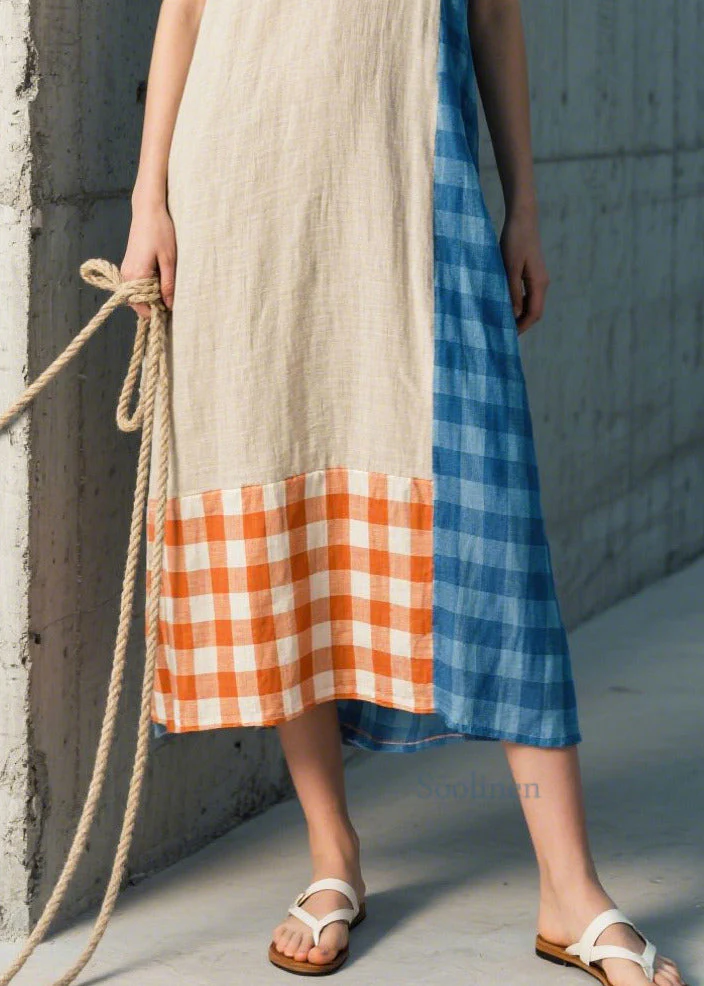 Stylish Beige Asymmetrical Patchwork Plaid Linen Straight Dresses Sleeveless - Image 4