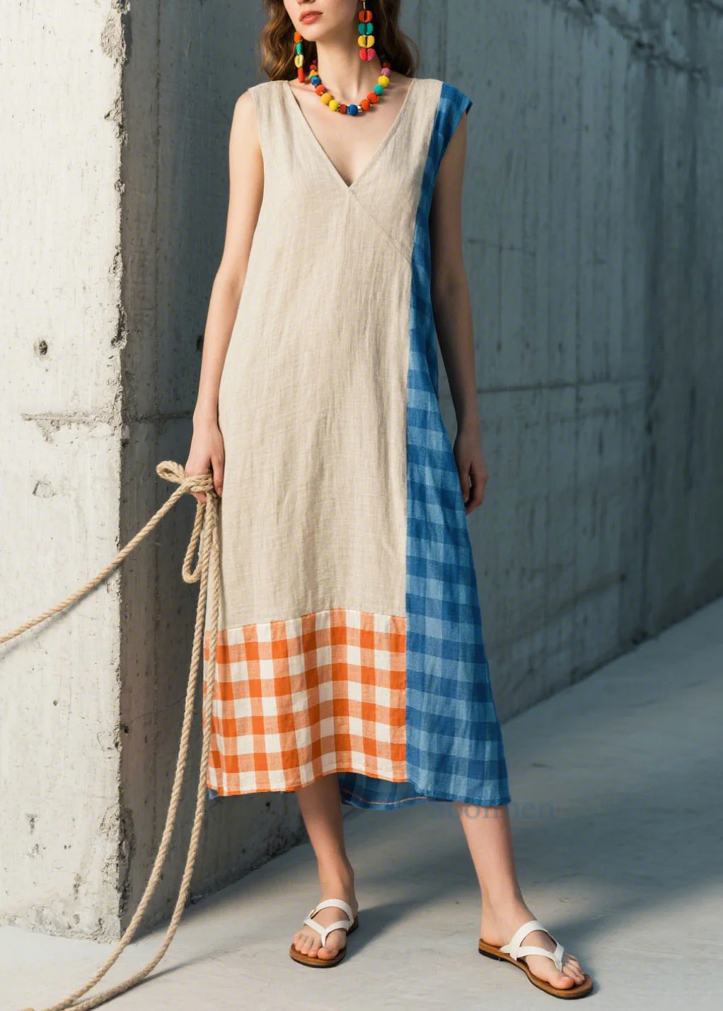 Stylish Beige Asymmetrical Patchwork Plaid Linen Straight Dresses Sleeveless - Image 5