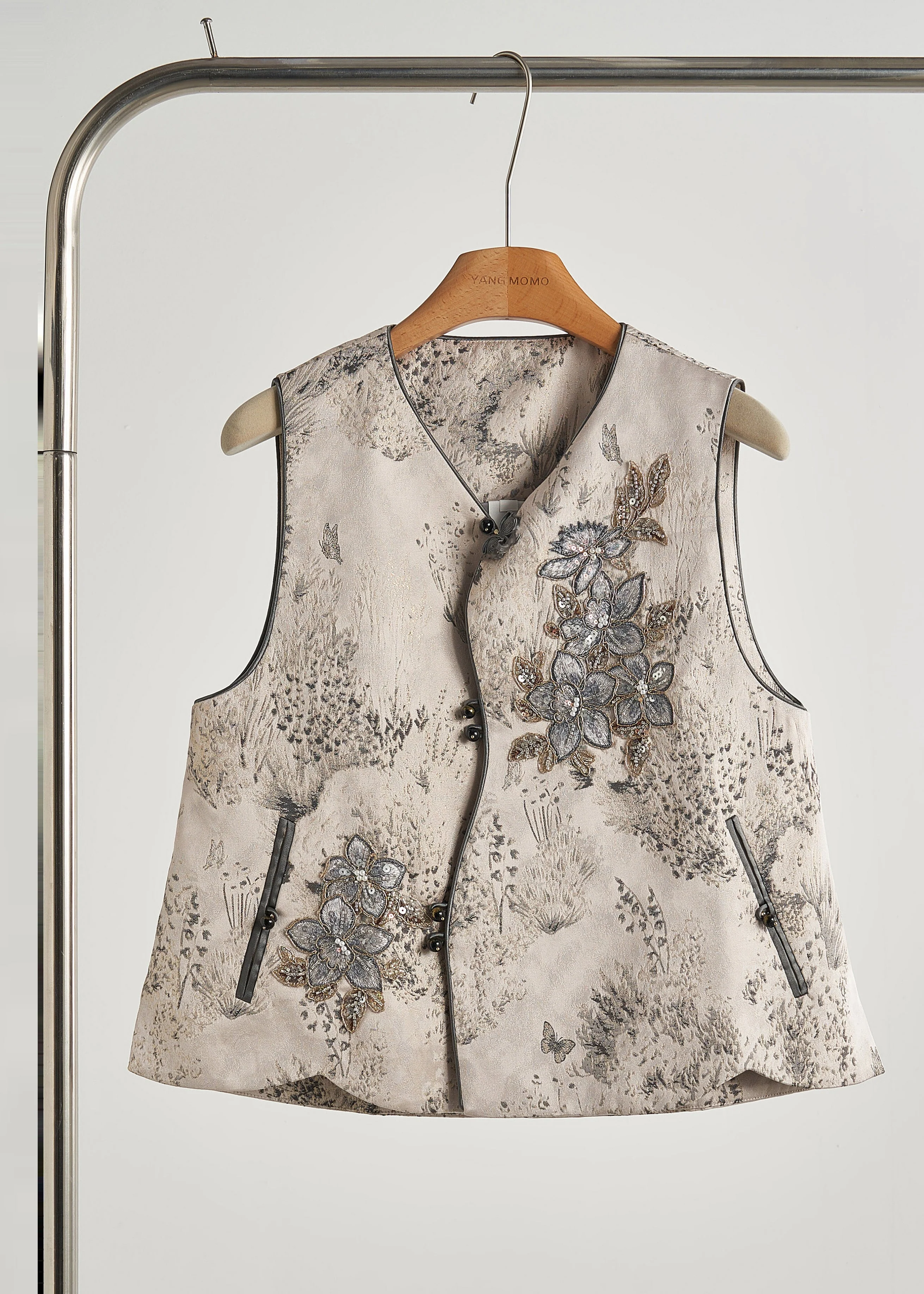 Stylish Beige Embroidered Jacquard Cotton Two Piece Set Fall - Image 2