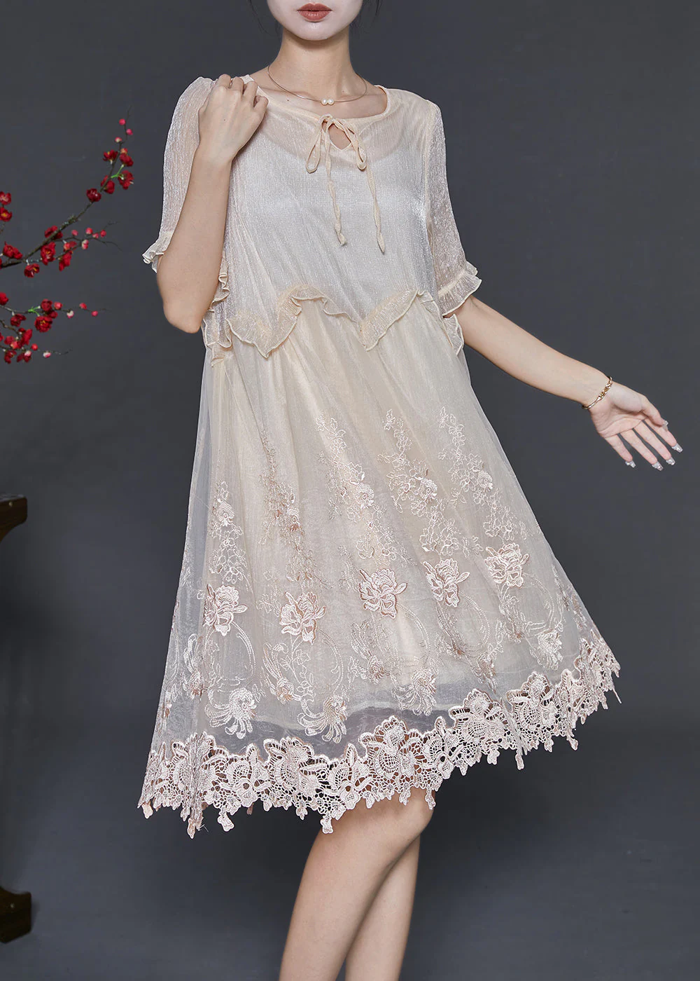 Stylish Beige Embroidered Patchwork Silk Party Dresses Summer - Image 3